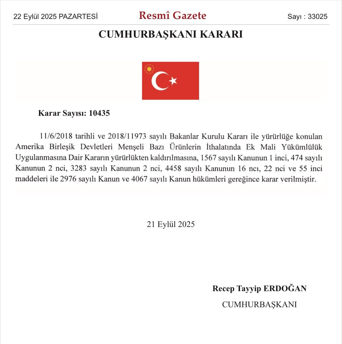 Türkiye removes additional import tariffs on US goods from 2018