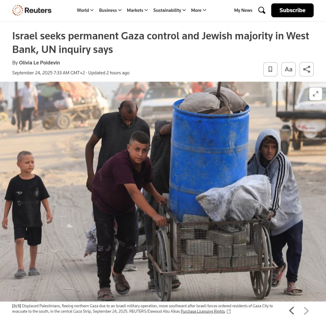 Israel seeks permanent Gaza control and Jewish majority in West Bank, UN says