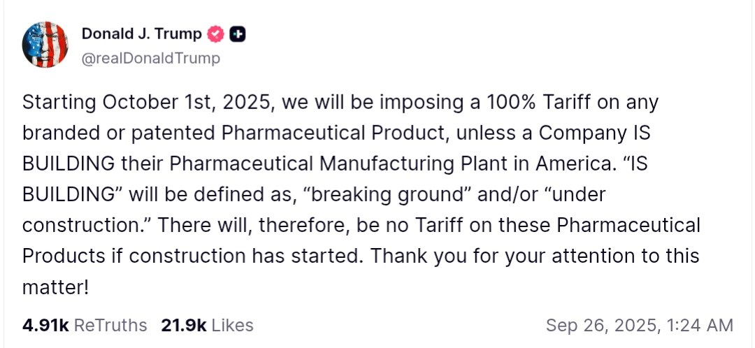 Trump announces 100% tariff on pharmaceutical products starting October 1, 2025