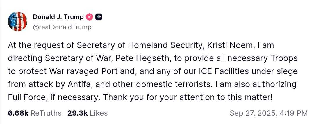 Trump directs Secretary of War to deploy troops to protect Portland