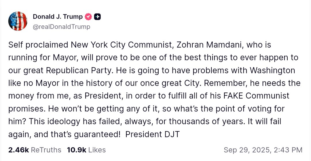 Trump criticizes NYC mayoral candidate Zohran Mamdani's Communist ideology