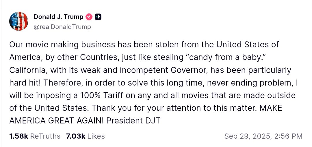 Trump to impose 100% tariff on all movies made outside the U.S.