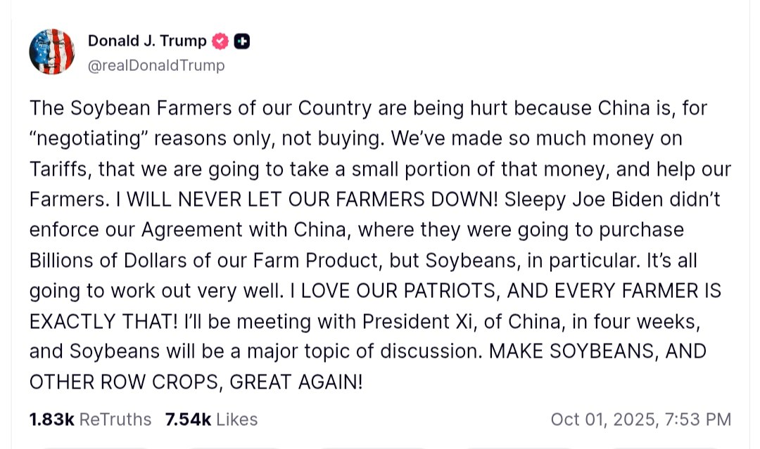 Trump to meet with President Xi in four weeks to discuss soybeans