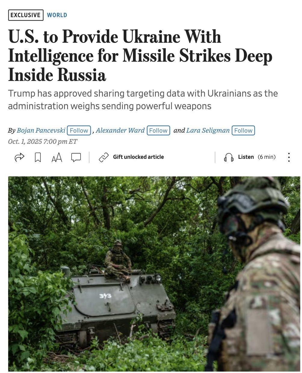 Trump administration authorizes U.S. intelligence support for Ukraine's missile strikes on Russia