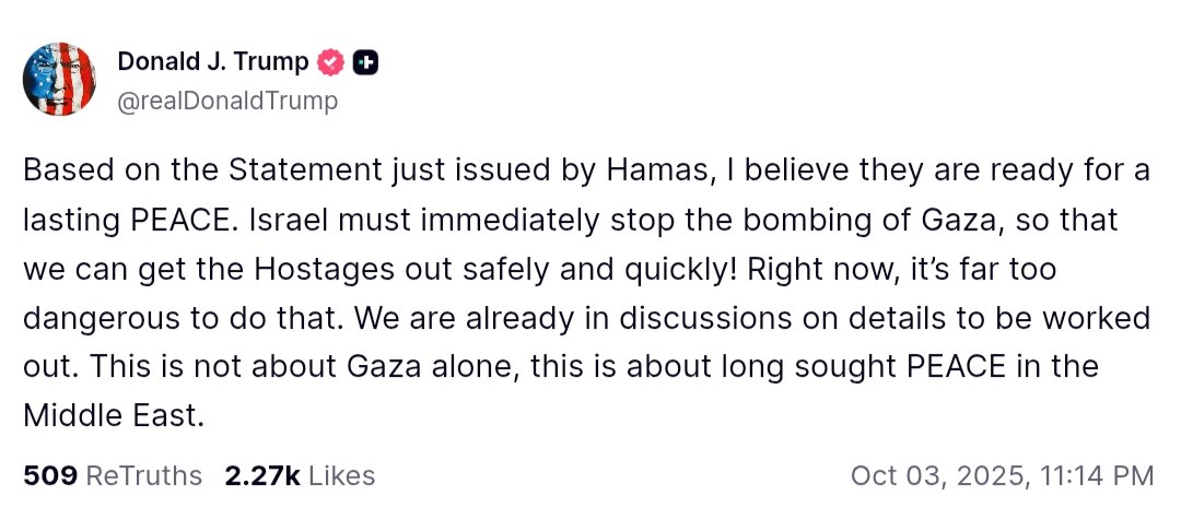 Trump calls for Israel to stop bombing Gaza for lasting peace