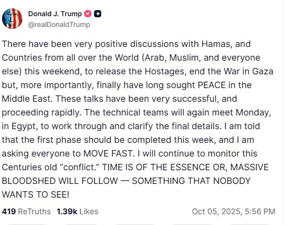 Trump announces positive discussions with Hamas for Middle East peace