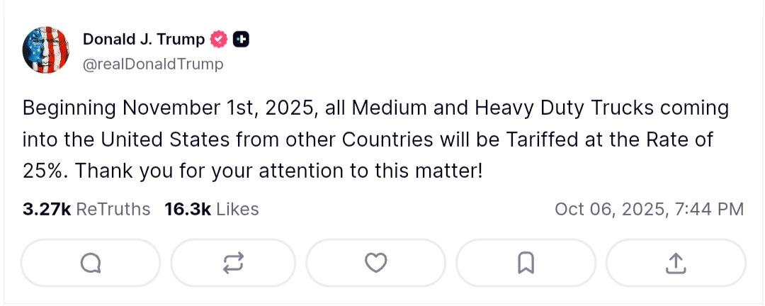 Trump announces 25% tariff on Medium and Heavy Duty Trucks from Nov 1, 2025