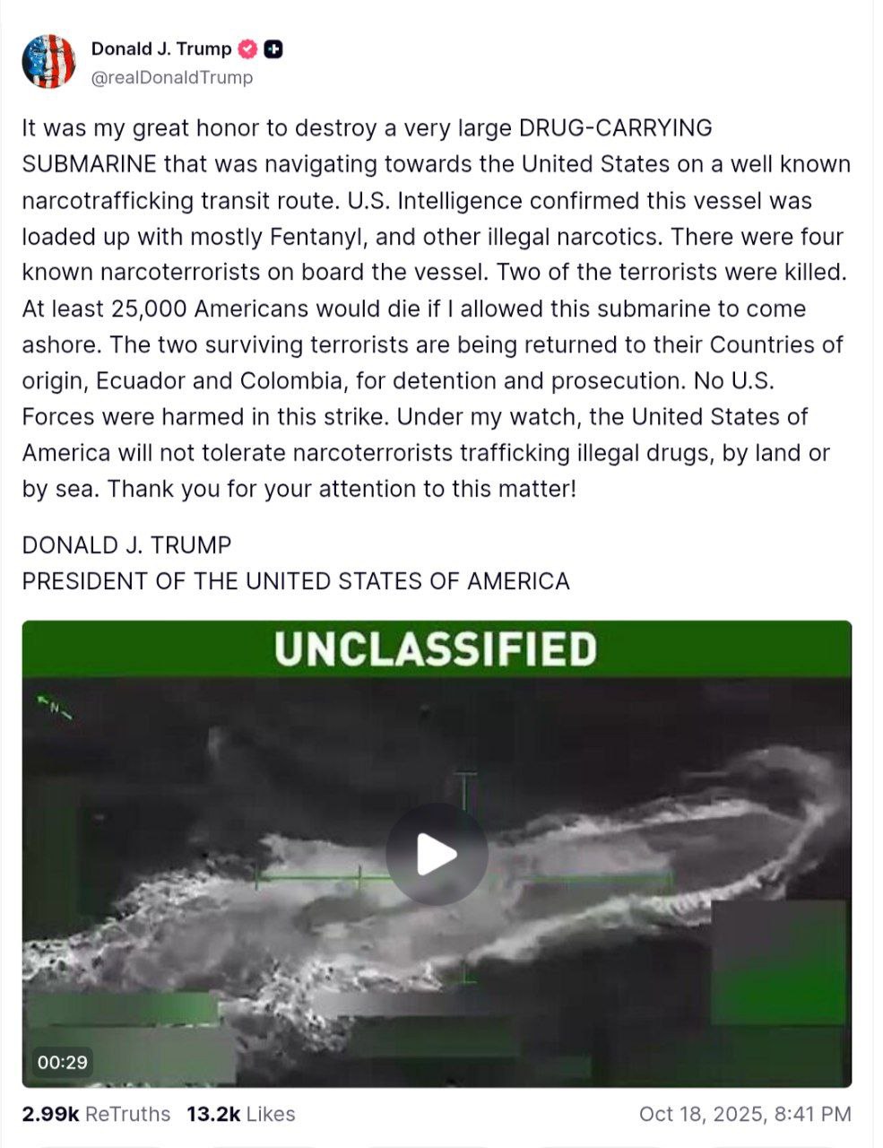 Trump announces U.S. operation destroyed drug-carrying submarine