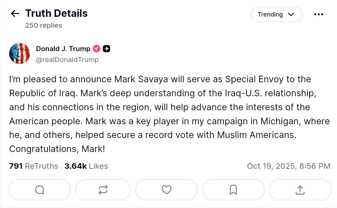 Trump appoints Mark Savaya as Special Envoy to Iraq
