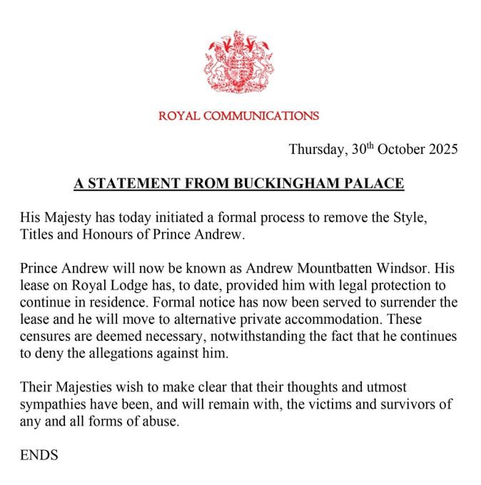 King Charles removes Prince Andrew's titles; he will now be Andrew Mountbatten Windsor