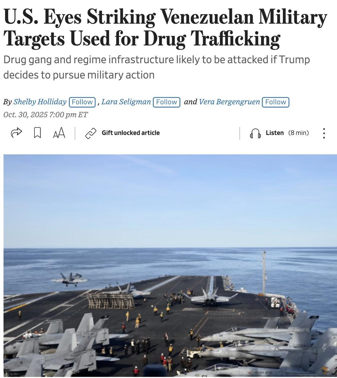 U.S. considers airstrikes on Venezuelan military targets in drug fight