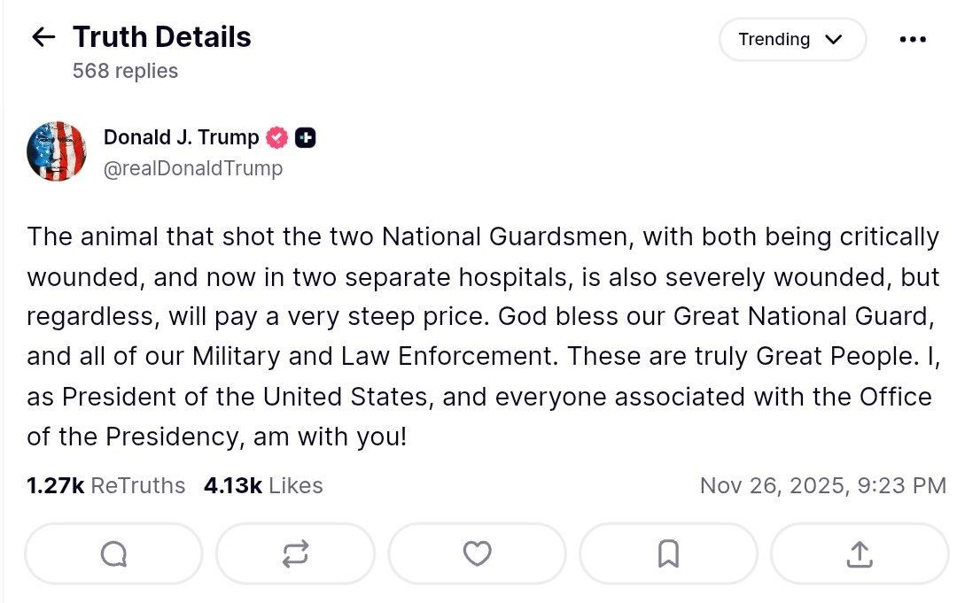Trump condemns shooter who critically wounded two National Guardsmen