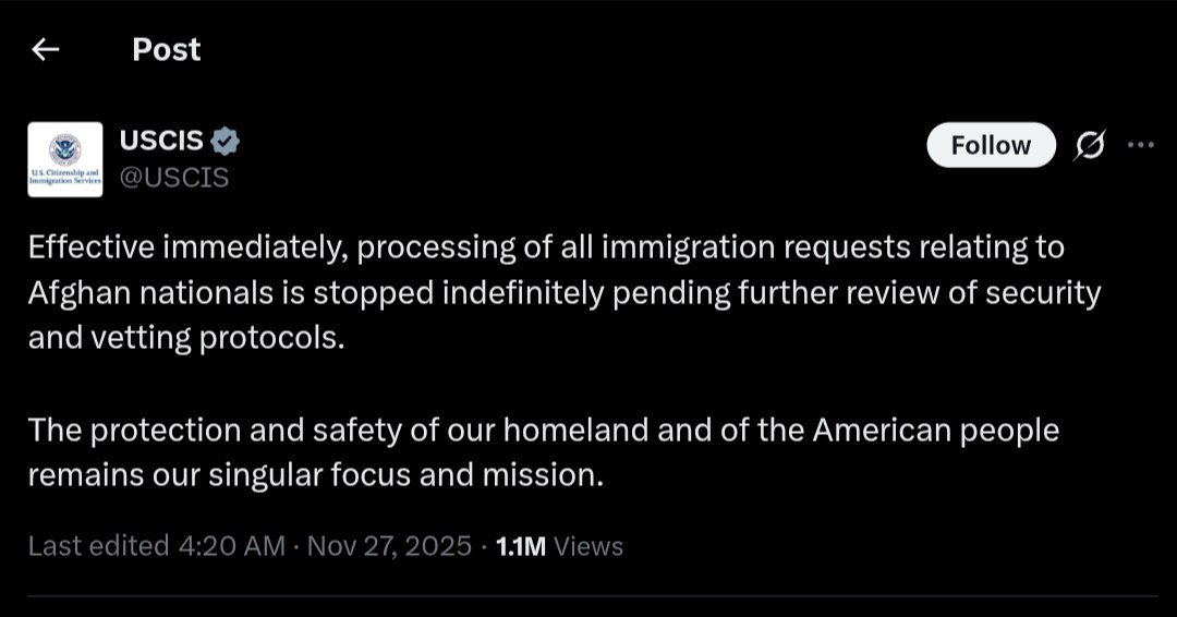 USCIS halts processing of immigration requests for Afghan nationals