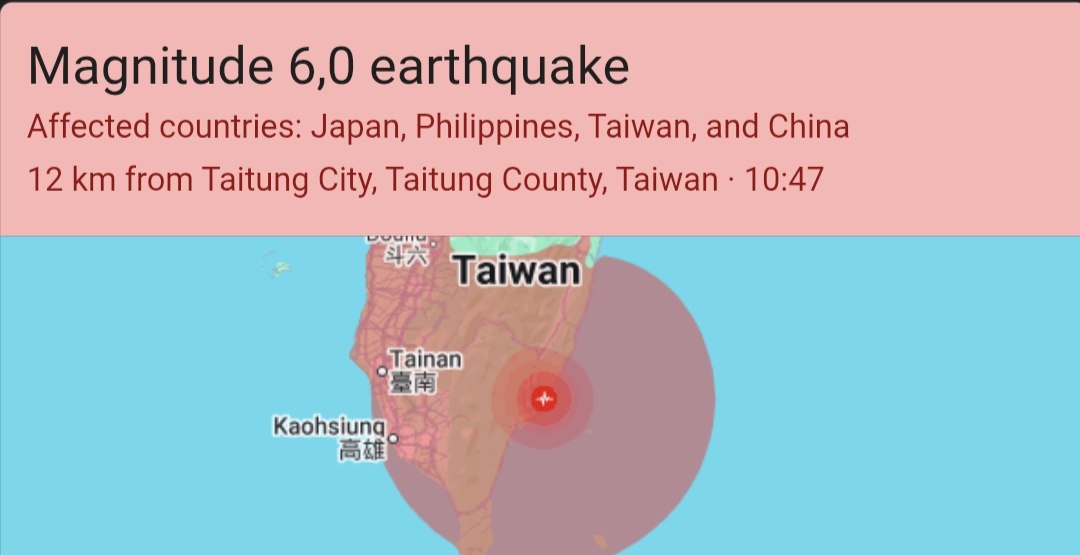6.0 Magnitude earthquake hits Taiwan, epicenter 12km from Taitung City