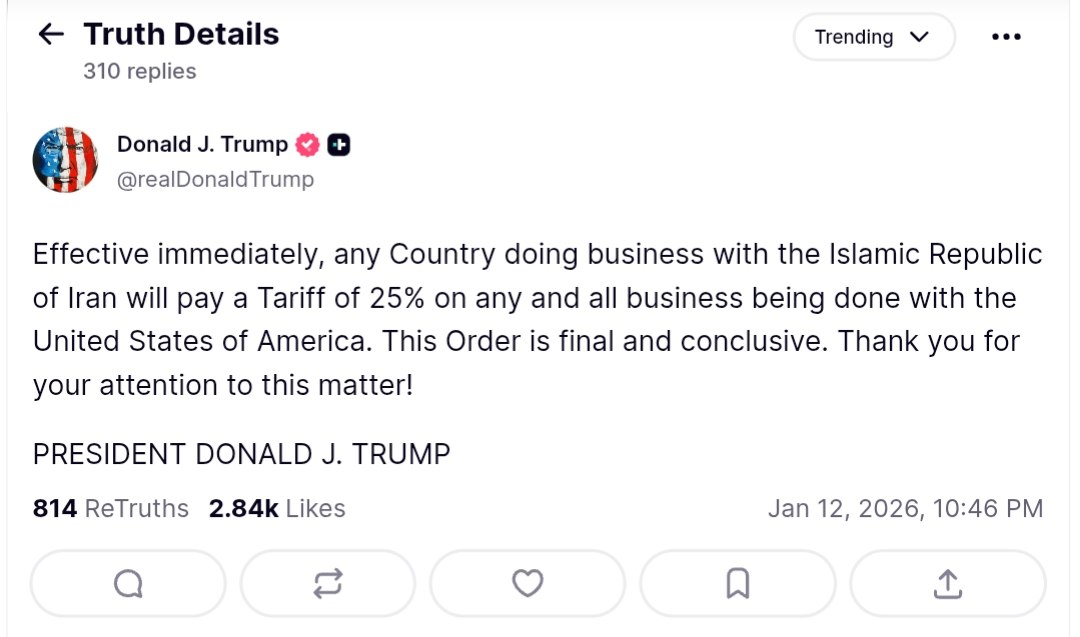 Trump imposes 25% tariff on countries doing business with Iran