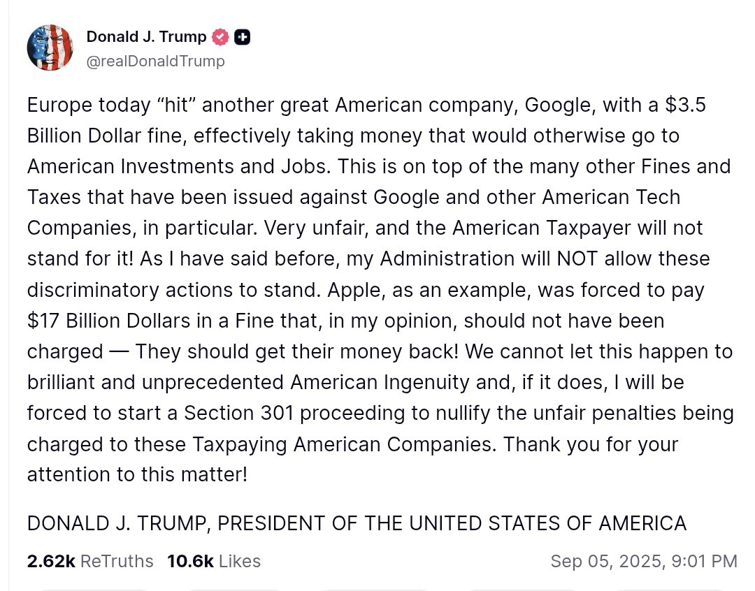 Trump Denounces EU's $3.5B Google Fine as Unfair Trade Attack